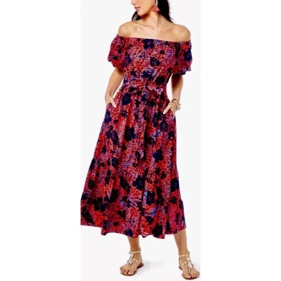 Lilly Pulitzer Tamie Off Shoulder Dress XL in Ruby Red Heron My Own + Sash NWT - Picture 1 of 16